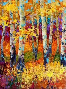 Bosque Painting - Árboles rojos y amarillos Otoño por Knife 06